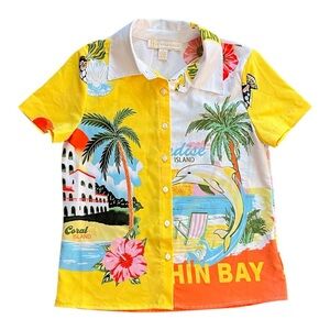 Rich & Famous Women’s Colorful Tropical Print Vacation Button-Up Shirt Size S